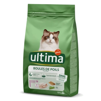 Sac vert de nourriture pour chat Ultima, 1,5 kg, présentant un chat blanc sur le devant, étiqueté "Boules de Poils" avec des ingrédients comme de la dinde et des pois.