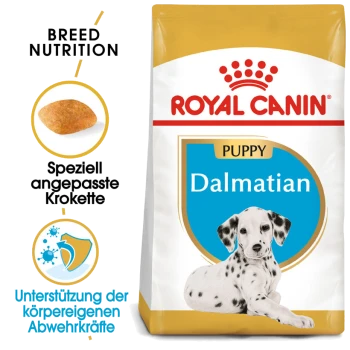 Royal Canin Dalmatian Puppy Futterbeutel mit einer Illustration eines Dalmatiner-Welpen, mit Text, der die Ernährungsbedürfnisse der Rasse und maßgeschneiderte Kroketten hervorhebt.