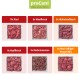 Sechs Pakete proCani-Hundefutter, mit verschiedenen Fleischsorten wie Rind und Huhn, mit Etiketten, die Menge und Produktdetails anzeigen.