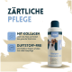 Welpen-Shampoo-Flasche mit dem Aufdruck 'Welpen Shampoo' auf einem hellbeigen Hintergrund, mit Text über die Vorteile von Kollagen und einer duftfreien Formel.