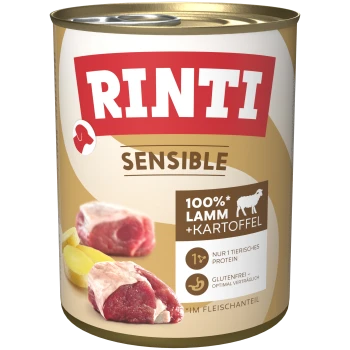 Dosenfutter für Hunde "Rinti Sensible" mit 100% Lamm und Kartoffeln, mit glutenfreien und einheitlichen Tierprotein-Aussagen.