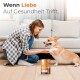 Eine Frau in einem karierten Hemd kniet auf einem Holzboden mit einem glücklichen Corgi und Haustierfutter, das "Truthahn" beschriftet ist. Der Text lautet: "Wenn Liebe Auf Gesundheit Trifft."