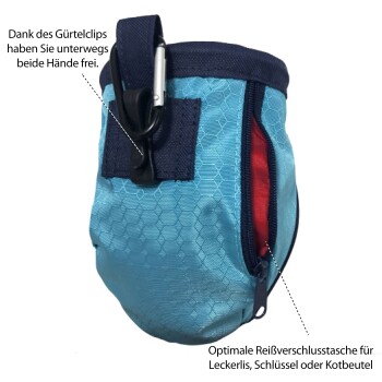 Blaue Leckerlitasche mit Reißverschluss und Gürtelclip. Text: "Hände frei mit Gürtelclip" und "Ideal für Leckerlis, Schlüssel oder Kotbeutel."