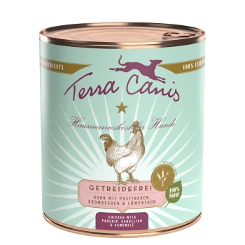 Getreidefrei Adult 6x800g Huhn mit Pastinaken, Brombeeren und Löwenzahn Dose mit Terra Canis Hundefutter mit Hühnerillustration, beschriftet "GETREIDEFREI" und "Huhn mit Pastinaken & Brombeeren."