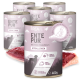 Dosen von REAVET Ente Pur Hundefutter, beschriftet mit "Hypoallergen," mit einem rosa Design und Bildern eines Hundes und Fleisch, das ein einzelnes Protein hervorhebt.