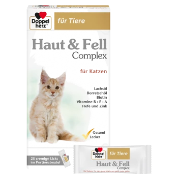 Schachtel Doppelherz 'Haut & Fell Complex – für Katzen' mit Kätzchen; sichtbarer Text: Lachsöl, Borretschöl, Biotin, Vitamine B+E+A