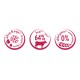 Drei pinke, runde Tierfutter-Badges: 'defrost & enjoy' mit Schneeflocke, '64% beef' mit Kuhsilhouette, '0% added grains' mit Weizensymbol.