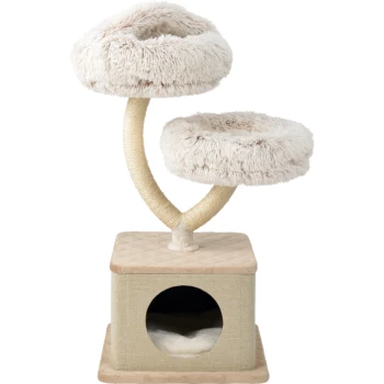 Arbre à chat avec deux plateformes rondes en peluche et un coin douillet à la base, présentant une palette de couleurs beige et crème.