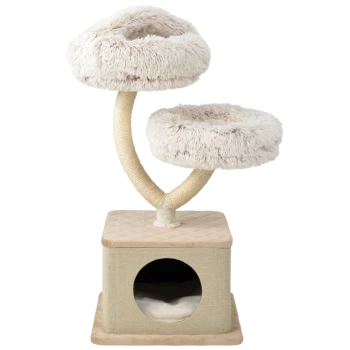 Katzenbaum mit zwei plüschigen, runden Plattformen und einem gemütlichen Versteck an der Basis, in einem beige- und cremefarbenen Farbschema.