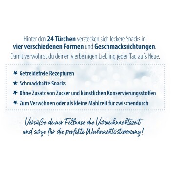 Deutscher Text beschreibt 24 Türen, die leckere Snacks in vier Formen und Geschmacksrichtungen verbergen, getreidefrei, ohne Zucker oder künstliche Konservierungsstoffe.