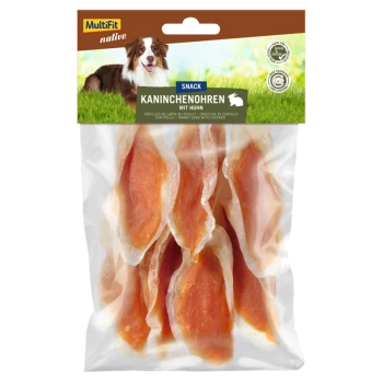 Emballage de friandises MultiFit avec des oreilles de lapin et du poulet, affichant plusieurs morceaux à l'intérieur d'un sac transparent, avec une image de chien en haut.