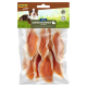 MultiFit Snackpaket mit Kaninchenohren und Huhn, das mehrere Stücke in einer durchsichtigen Tüte zeigt, mit einem Hundebild oben.