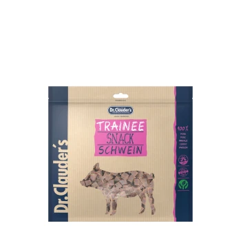 Dr. Clauder's Trainee Snack Schwein Verpackung, mit einer Schweinesilhouette, hebt "100% pork" und "Seit 1957" in lebhaftem Text hervor.