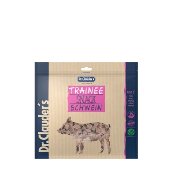 Dr. Clauder's Trainee Snack Schwein Verpackung, mit einer Schweinesilhouette, hebt "100% pork" und "Seit 1957" in lebhaftem Text hervor.