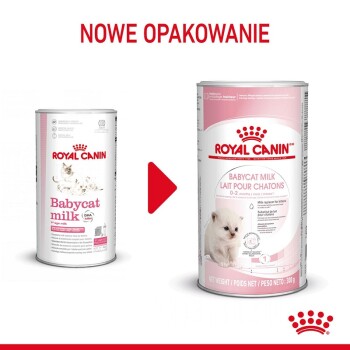 Obraz dwóch puszek mleka Royal Canin Babycat, oznaczonych dla kociąt 0-2 miesiące. Tekst powyżej brzmi "NOWE OPAKOWANIE."