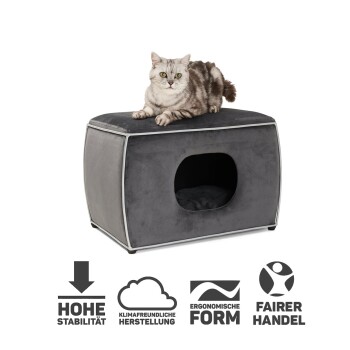 Eine graue Katze liegt auf einem schicken grauen Haustierbett mit einer Höhlenöffnung, mit Symbolen für Stabilität, Umweltfreundlichkeit und ergonomisches Design.