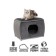 Eine graue Katze liegt auf einem schicken grauen Haustierbett mit einer Höhlenöffnung, mit Symbolen für Stabilität, Umweltfreundlichkeit und ergonomisches Design.