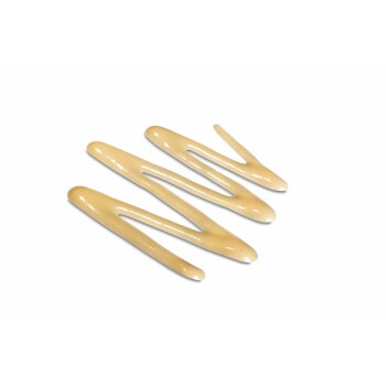 Three pale tan forked dog chew treats on a white background