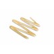 Three pale tan forked dog chew treats on a white background