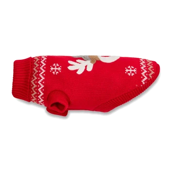 Roter gestrickter Haustierpullover mit Rentiermotiv, weißem Schneeflocken-Fair‑Isle‑Muster und geripptem Rollkragen, flach präsentiert.
