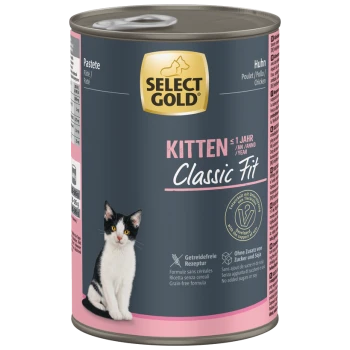 Select Gold Kitten Classic Fit Katzenfutterdose mit Hühnerpastete und Bild eines schwarz-weißen Kätzchens, getreidefreie Formel, ohne Zucker- oder Sojazusatz.