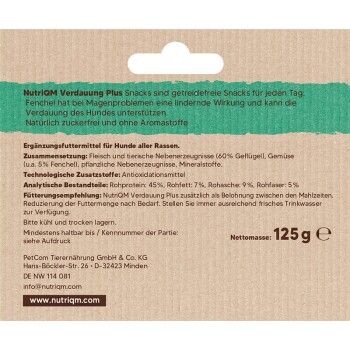 NutriQM Verdaung Plus Hundesnacks, getreidefrei, 125g, mit Zutaten wie 60% Geflügel und 5% Fenchel, die die Verdauung fördern.