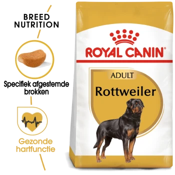 Royal Canin Rottweiler hondenvoerzak, met een afbeelding van een Rottweiler, benadrukt voeding specifiek voor het ras en voordelen voor de hartgezondheid.