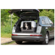 Un chien noir et blanc heureux est assis dans un transporteur pour animaux à l'arrière d'un SUV argenté, garé sur une route avec de la verdure en arrière-plan.