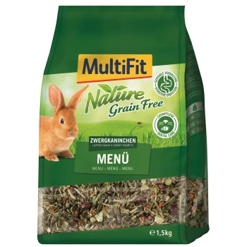 Un sac de nourriture MultiFit Nature Grain Free pour lapins nains, étiqueté "Digestion Sensible" et "Soin Dentaire", avec une image de lapin.
