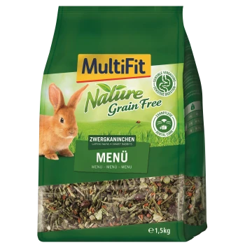 Un sac de nourriture MultiFit Nature Grain Free pour lapins nains, étiqueté "Digestion Sensible" et "Soin Dentaire", avec une image de lapin.