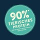 90% tierisches Protein - des gesamten Proteingehalts der Rezeptur, dargestellt in einem runden Abzeichen auf dunklem Hintergrund.