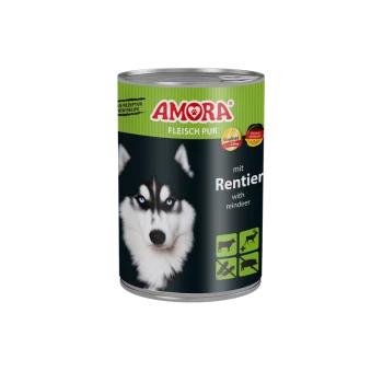 Dose AMORA Tierfutter, grünes Etikett 'FLEISCH PUR', Text 'mit Rentier / with reindeer', Husky-Gesicht vorne.