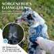 Nahaufnahme eines Hundes in einem blauen reflektierenden Geschirr, gehalten von einer Person. Text: "Sorgenfreies Gassigehen" und "Bequemer Griff für sofortige Kontrolle."