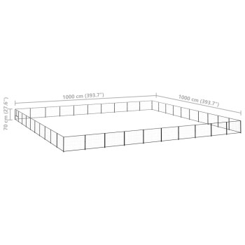 Ein schwarzes Haustiergehege mit den Abmessungen 1000 cm x 1000 cm und einer Höhe von 70 cm, entworfen für die Sicherheit und das Spiel von Haustieren.