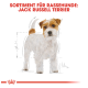 Illustration eines Jack Russell Terriers mit einem weißen und braunen Fell, mit Maßen und "SORTIMENT FÜR RASSEHUNDE."