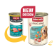 Zwei Dosen Animonda GranCarno Hundefutter mit Lachs und Spinat, zeigen altes und neues Design mit einem "NEUES DESIGN"-Label.