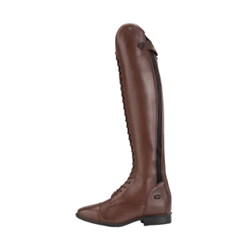Braune Lederreitstiefel mit hohem Schaft, Schnürung vorne und einem seitlichen Reißverschluss für einfaches Anziehen.