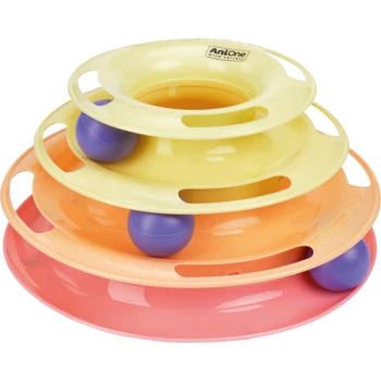 Buntes dreistufiges Katzenspielzeug mit Bällen, mit gelben, orangefarbenen und pinken Schichten, entworfen für interaktives Spielen.