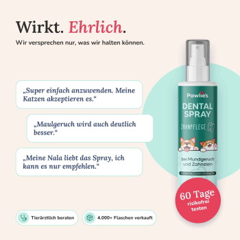 Pawlie's Dentalspray Vergleich (Deutsch): blaue Häkchen vs rote Kreuze, Text 'Dentalspray für Hunde und Katzen', lächelnder Hund im Hintergrund