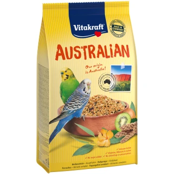 Heimatfutter Australian Sittich 800 g Eine Tüte Vitakraft Vogelfutter mit zwei Wellensittichen, einer Futterschale und australischer Landschaft. Höhepunkte sind "Unsere Herkunft ist Australien!" und Nährstoffe.
