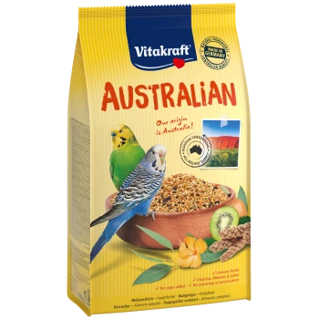 Eine Tüte Vitakraft Vogelfutter mit zwei Wellensittichen, einer Futterschale und australischer Landschaft. Höhepunkte sind "Unsere Herkunft ist Australien!" und Nährstoffe.