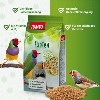 Vogelnahrung Verpackung mit bunten Vögeln, beschriftet "Exoten" mit Nährstoffen einschließlich Vitaminen A, D, E und Mineralien.
