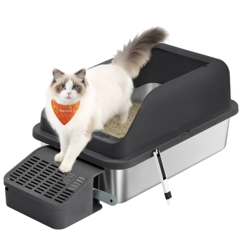 Weiße Ragdoll-Katze mit blauen Augen, trägt orangefarbenes Halstuch 'Feandrea', steigt aus einer grauen Katzentoilette mit Metallboden und Schaufel.