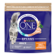 Sac d'aliments Purina ONE avec chat gris à poils longs, mention BIFENSIS ADULTE, image de poulet et « élaboré avec du poulet »