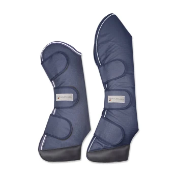 Zwei marineblaue Pferdebeinschoner mit Klettverschlüssen, mit einem Logo-Patch, das "WALDHAUSEN" liest.