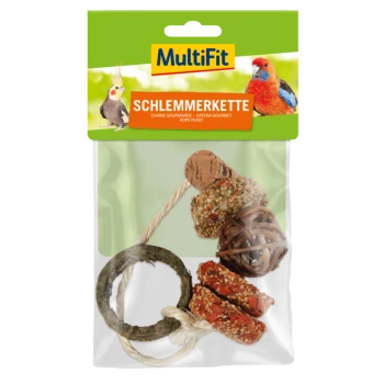 MultiFit Schlemmerkette Haustier-Leckerli-Spielzeug mit einem Holzring, einem mit Samen bedeckten Ball und einem geflochtenen Ball, verpackt in einer durchsichtigen Tüte.