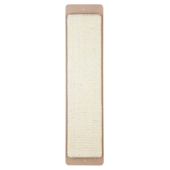 Eine strukturierte, cremefarbene Kratzmatte für Haustiere, auf einem braunen Kartonuntergrund montiert, entworfen für das Kratzen von Katzen.