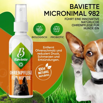Baviette Micronimal 982 Ohrenpflege-Spray für Hunde mit Aufschrift „Ohrenpflege für Hunde“ und „100% natürlich“, dargestellt ist ein Hund, der sein Ohr mit der Pfote hält.