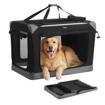 Schwarze weiche Transporttasche für Haustiere mit Mesh-Fenstern und Griffen, Golden Retriever innen, daneben zusammengefaltete Box.