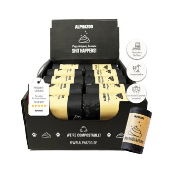 Präsentationsbox mit kompostierbaren Hundekotbeuteln mit Text: "Nachhaltig & zertifiziert," "30 Beutel pro Rolle," und "Reißfest & Geruchsbarriere."